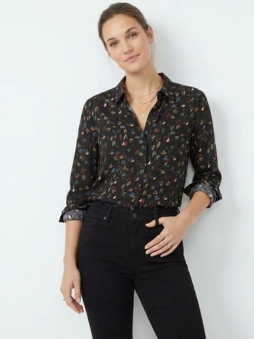 Anthropologie Cabi Black Multicolor Confetti Button-Down Blouse Shirt Small - Picture 2 of 13